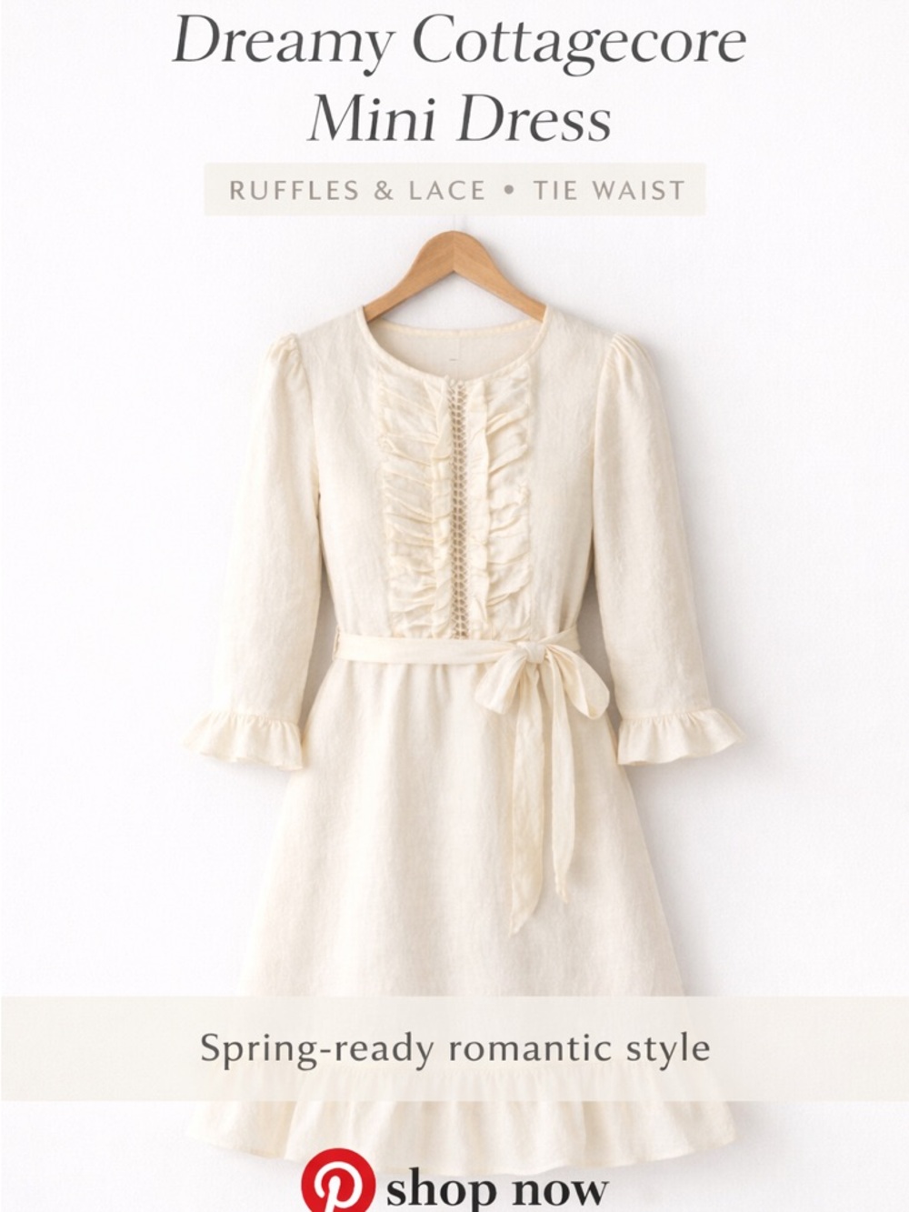 Cream Ruffle Lace Tie Waist Dress Boho Cottagecore Dress M - Picture 2 of 4